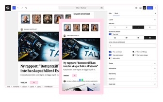 Skärmavbilder från tidningen Kvartals redigeringssystem som visar att de kan förhandsvisa resultat för både webb och app samtidigt.