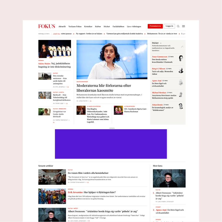 En skärmavbild från tidningen Fokus hemsida som visar var annonser kan placeras.